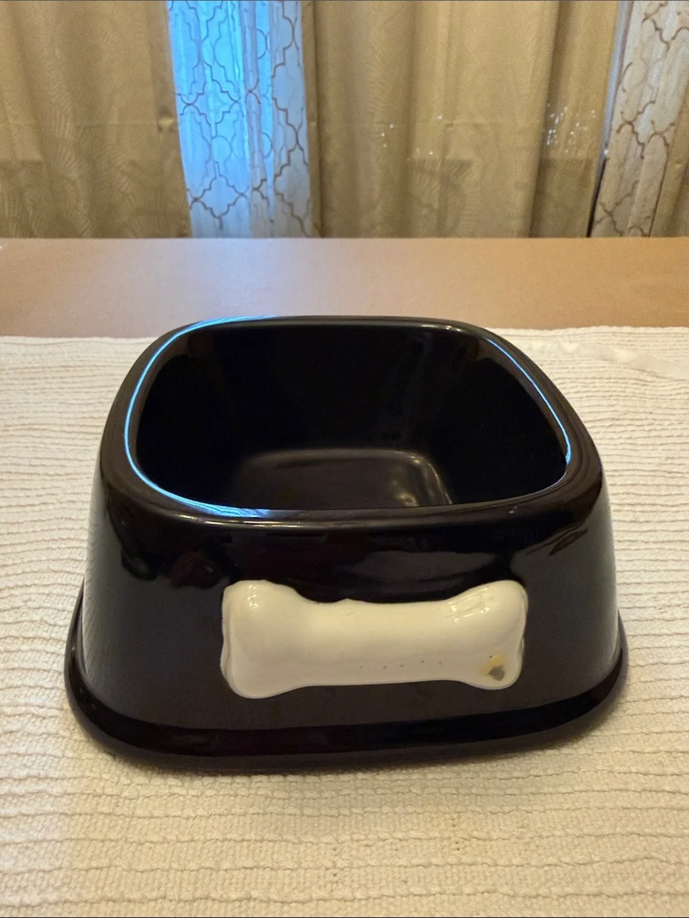 Black Ceramic Dog Bowl with White Bone Accent -cleaned and sanitized